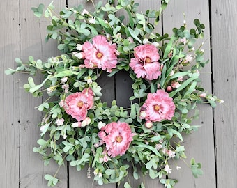 Spring And Summer Greenery Wreath For Front Door, Pink And White Floral Wreath, Housewarming Gift For New Homeowners, Spring Entryway Decor