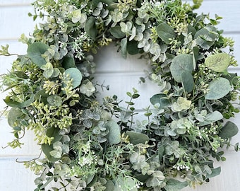 Eucalyptus Greenery Wreath, Modern Farmhouse Wreath, Rustic Wall Decor, Mother’s Day Gift, Summer Wreath For Front Door, Year Round Wreath