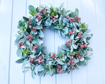 Winter Lambs Ear With Frosted Red Berries, Christmas Wreath With Berries, Farmhouse Christmas Decor, Rustic Christmas Wreath, Berry Wreath