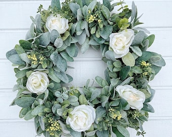 Everyday Greenery Wreath With Lambs Ear, Eucalyptus and Boxwood Wreath, Year Round Greenery Wreath, Farmhouse Wreath, Cream Roses