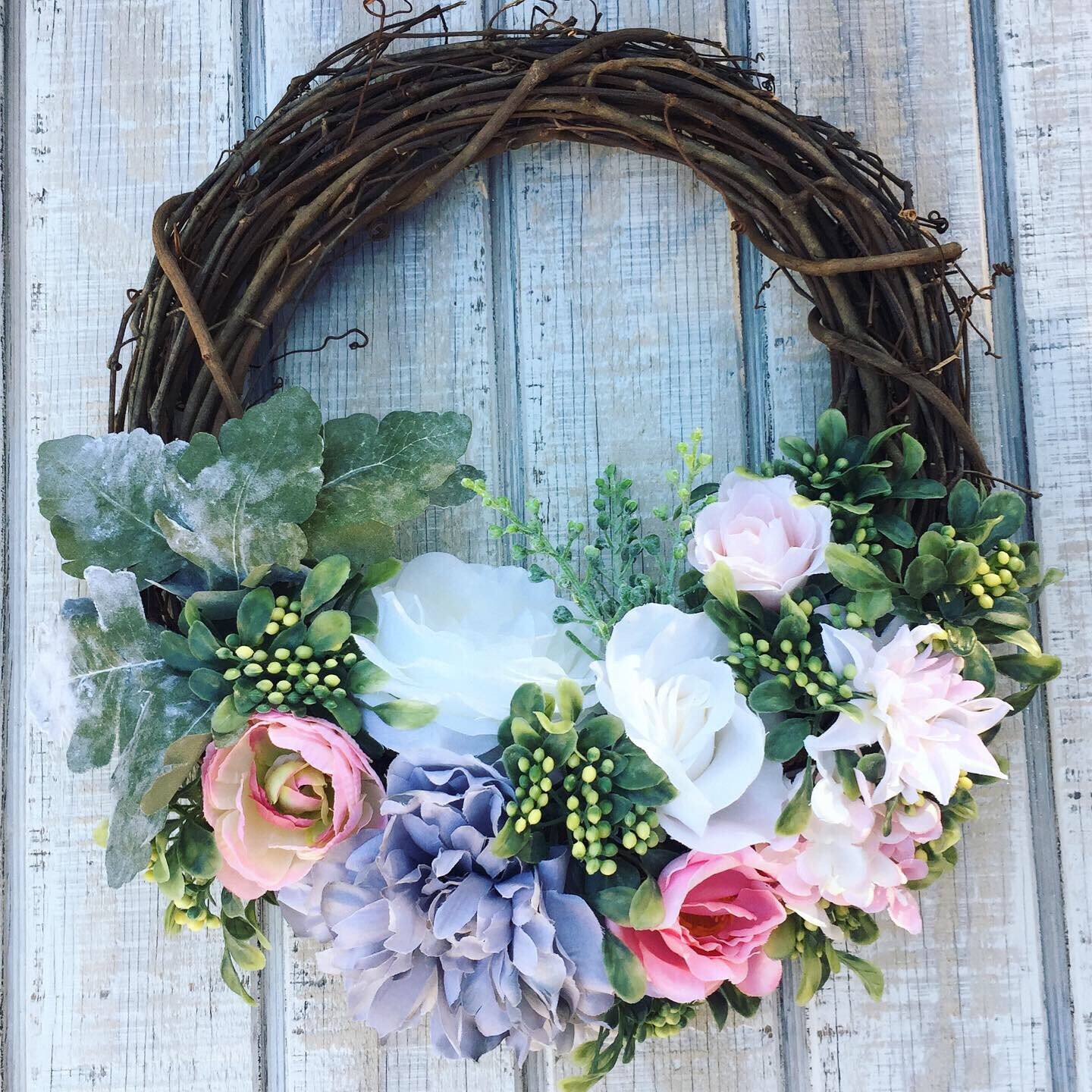 Image of Boxwood wreath with hydrangeas