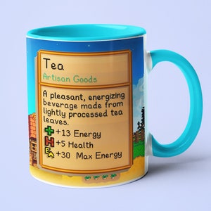 Mug Stardew Valley, cadeau Stardew Valley, tasse ferme Stardew Valley, tasse à thé Stardew Valley, tasse à thé Tea Stats pour amateur de Stardew Valley Blue Handle