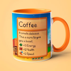 Taza Stardew Valley, Regalo Stardew Valley, Taza de café Valley, Juego Stardew Valley, Copa Stardew Valley, Taza Stardew, Taza de videojuego, Taza de jugador Orange Handle