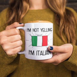 May include: White ceramic coffee mug with a black and white illustration of the Italian flag and the text "I'm not yelling I'm Italian".