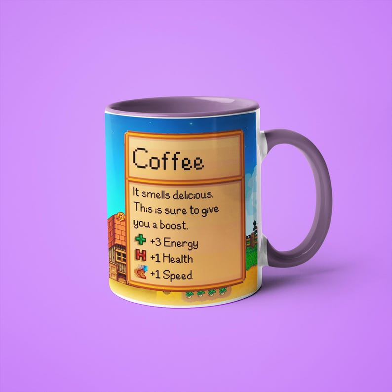 May include: A purple and white coffee mug with a pixelated design. The mug features a game-style description of coffee with the text "Coffee" and "It smells delicious. This is sure to give you a boost." The description also includes stats for energy, health, and speed.