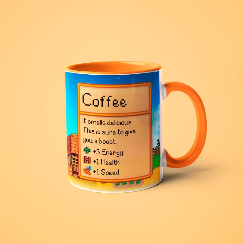 May include: Orange and blue coffee mug with a pixelated design. The mug says "Coffee" and has a description that reads "It smells delicious. This is sure to give you a boost. +3 Energy +1 Health +1 Speed"