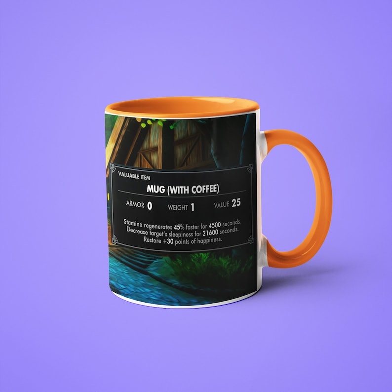 May include: A white ceramic mug with an orange rim and handle. The mug has a video game-style graphic on it that says "MUG (WITH COFFEE)" and has stats like "Armor: 0", "Weight: 1", and "Value: 25".