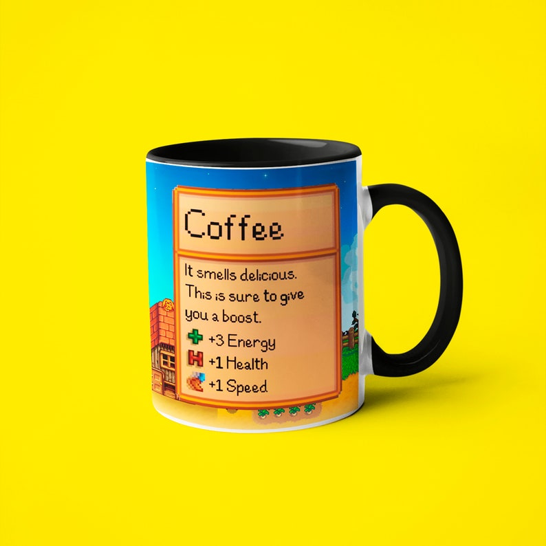 May include: A black and white mug with a blue background and a pixelated image of a coffee cup with the text "Coffee" and the text "It smells delicious. This is sure to give you a boost. +3 Energy +1 Health +1 Speed"