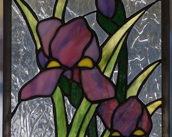 Purple Irises Stained Glass Window Hanging