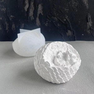 May include: White ceramic dragon egg mold with a detailed dragon scale design. The mold is open and shows a small dragon sculpture inside.
