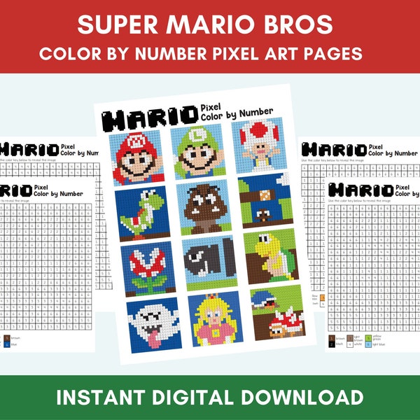Super Mario Bros Malvorlagen | Malen nach Zahlen | Pixel Art für Kinder | Digital druckbare Vorlagen