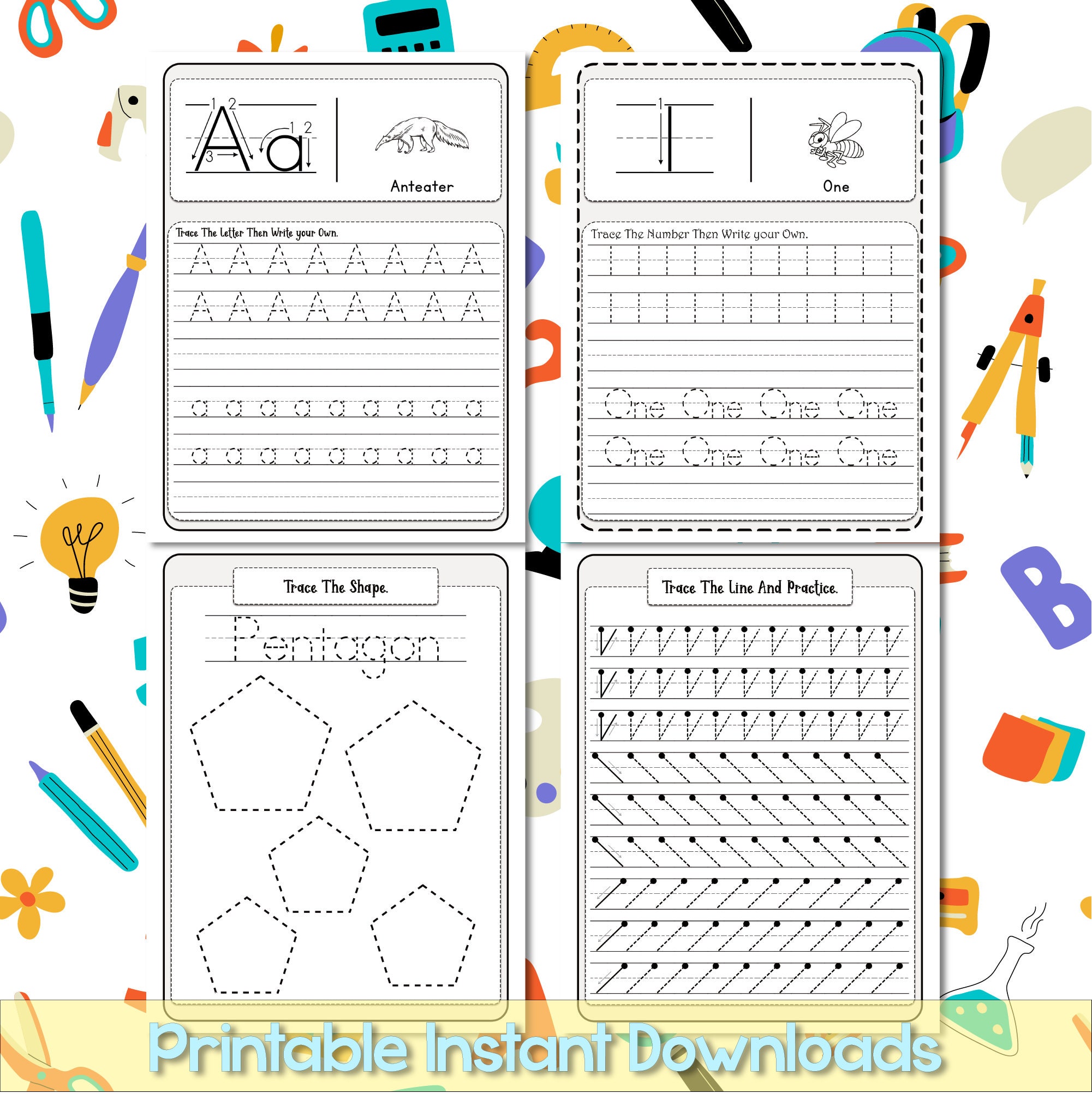 58 Tracing Worksheets Alphabet Numbers and Shapes | Etsy