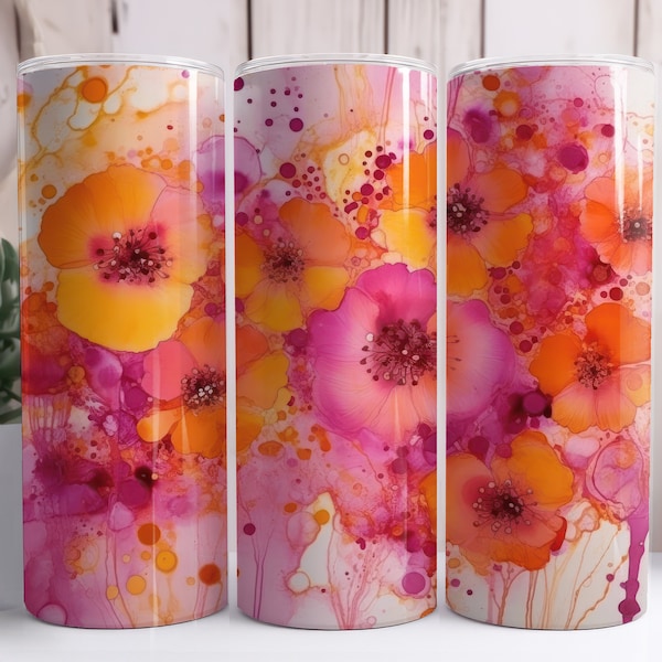 Tumbler Sublimation 20oz Skinny Tumbler Wrap - Pink and Orange Poppies |  | Personal & Commercial Use