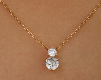 Double Cubic Gem Pendant Necklace, Gold Crystal, Dainty Clear Stone, Delicate Fine Minimalist Jewelry Bridesmaid Her Graduation Prom Gift