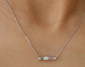 Crystal Opal Multi Color Gem Bar, Baguette CZ Necklace, Gold Silver Mini Rainbow Bar Plated, Dainty Minimalist Jewelry, bridesmaid Her Gift
