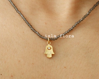 Dainty Hamsa Hand with Tiny CZ Eye Necklace, Gray Beaded Jewelry, Gold Dipped Detailed Aesthetic Minimalist, Good Luck Bestie Gift