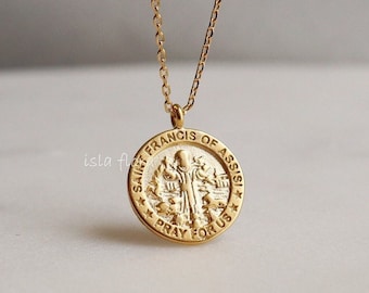 Saint Francis of Assisi Coin 23” Long Necklace, Gold Silver Plated, St Dainty Minimalist Layering Jewelry, Animal Advocate Bestie Her Gift