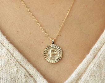 Dainty Letter P Fluted Medallion Pendant Necklace, Gold P Name Charm, Stacking, Personal Initial, Minimal Jewelry, Bestie Her Holiday Gift
