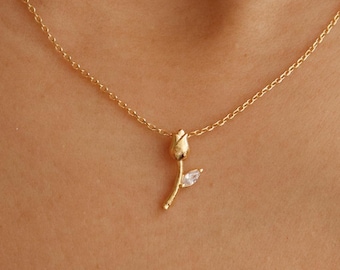 Tiny Tulip Stem Necklace, Crystal Leaf, Minimal Rose Gold Floral Jewelry, bridesmaid, Mother, Birthday Meaningful Bestie Her Dainty Gift