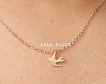 Tiny Dainty Swallow Bird Pendant Necklace, Whimsical Elegance, Simple Brushed Gold Flying Bird, Minimalist Jewelry, bridesmaid Bestie Gift