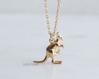 Dainty Kangaroo Pendant Necklace, Gold Plated, Silver Detailed Roo Mum & Baby Joey, Aussie, Minimal Jewelry, Mom, Bestie Babysitter Gift