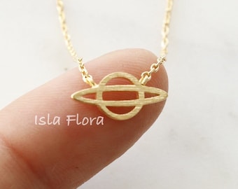 18k Gold Dipped Brushed Gold Saturn Planet Pendant Necklace, Love Space, Dainty Minimalist Jewelry, bridesmaid Best Friend Gift