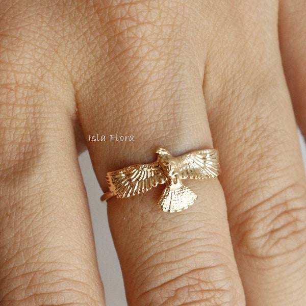 18k Gold Dipped Full Eagle or Hawk Ring, Flying, Delicate, Spread Wings, Fine Detailed, Adjustable, Statement Best Friend, Minimalist Gift