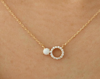 Double Gem Opal & Crystal Ring Side Pendant Necklace, Dainty Gold Plated Chain, Minimalist Charm Jewelry, bridesmaid Best Friend Her Gift