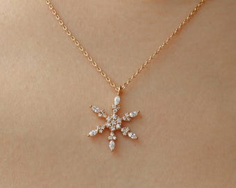 Marquise Snowflake Pendant Necklace, Cute Winter Jewelry, Crystal Sparkle, Dainty Snow, Plated Chain, Minimal, Bridesmaid Her Gift
