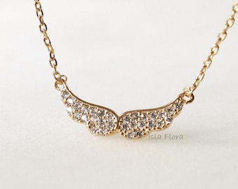 Crystal Pave Guardian Angel Wings Necklace, Gold, Baby Wings, Dainty Minimalist, Silver Wing, Boho Jewelry, Best Bridesmaid Her Gift