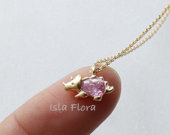 Dainty Pink Cubic Triceratops Pendant Necklace, October Rhinestone, Gold Plated Dino, Cute Charm, Minimalist Jewelry bridesmaid Her Gift