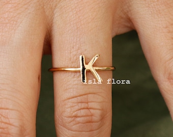 Letter K Initial Ring, Dainty Solid Letter, Personal, Mini Alphabet, Fine Detailed, Adjustable Size, Fashion, Minimalist, Bestie Gift