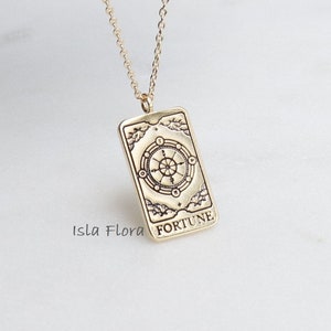 Collar con colgante de carta del tarot de la rueda de la fortuna, delicado amuleto mágico chapado en oro, joyería minimalista, delicada y atemporal, regalo de dama de honor