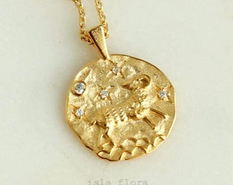 Aries Zodiac Necklace, Crystal Gem Paved Stamped Coin Pendant, Dainty Gold Melted Look, Minimalist Jewelry, Astrology Birthday Her Gift