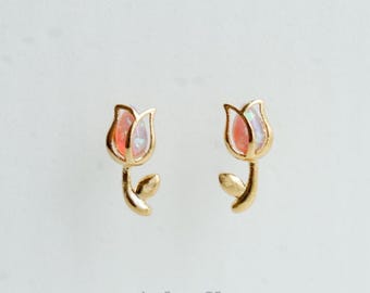 Tiny Pink Opal Tulip Earrings, Dainty Studs, Gold or Silver Minimal Jewelry, Encased Flower Branch, bridesmaid, Coastal, Meaningful Her Gift
