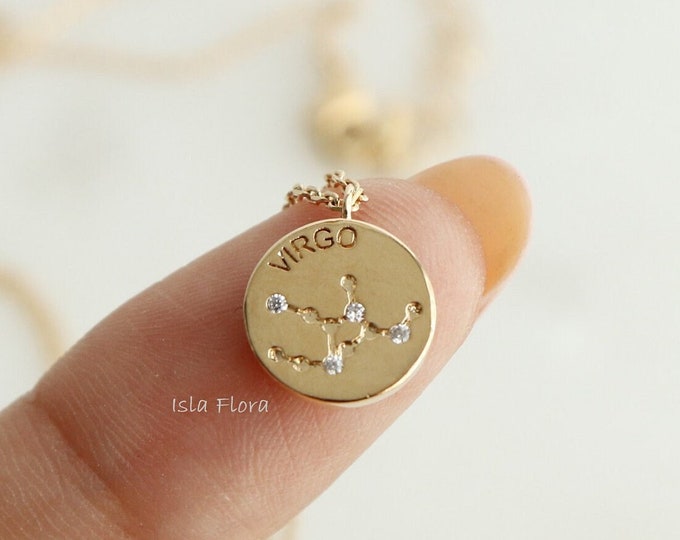 Virgo Zodiac Constellation Crystal Gem Paved Stamped Coin Necklace, Dainty 18k Gold Dipped Timeless, Minimalist Jewelry, birthday Gift