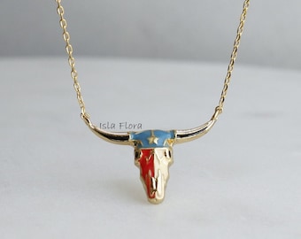 18k Gold dipped Enameled Buffalo Bull Head Skull Necklace, American Flag Colors Red White Blue, Boho, Minimalist Cowgirl, bridesmaid Gift