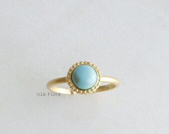 Round Turquoise Stone Beaded Frame Adjustable Ring, Azure Marble, Gold Silver, Stackable, Dainty Teal, One Size, Aesthetic, Minimalist Gift