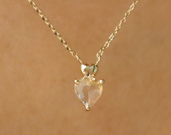 Two Hearts Double Dainty Clear Heart Charm Necklace, Tiny Crystal Pendant, Aesthetic Gold Plated Chain, Minimalist Jewelry, bridesmaid Gift