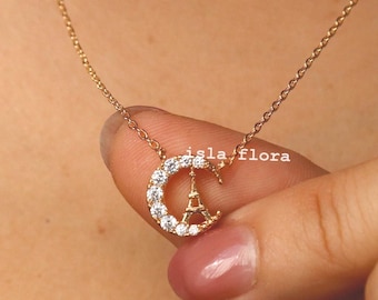 Crescent Tiny Eiffel Tower Necklace, Parisian Charm, Gold Paris Miniature Delicate, Minimalist Jewelry Dainty Bridesmaid Her Gift