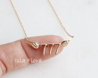 777 Angel Winged Number Necklace, Gold Silver, Divine Guidance and Spiritual Enlightenment, Delicate Jewelry, Dainty Charm Her Gift