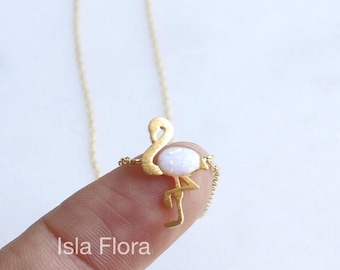 Dainty Opal Flamingo Pendant Necklace, Vibrant Gold Plated, Delicate and Magical, Retro Charm Minimalist Jewelry, Layering Her Coastal Gift