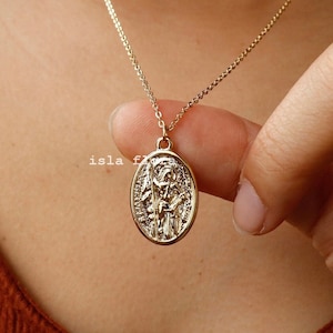 Patron Saint Joan of Arc Oval Necklace, St Medal Double Sided, Love of Country, Gold Plated, Minimalist Jewelry, Dainty Empowering Her Gift
