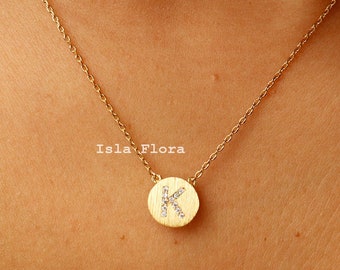 Tiny Cubic Paved Initial K Disc Necklace, Studded Letter Embossed in Gold Brushed Circle Pendant, Dainty CZ Jewelry, bridesmaid Bestie Gift