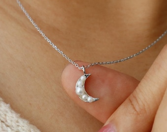 Dainty Pearled Crescent Moon Charm Necklace, Tiny Faux Pearls, Gold Silver Celestial Pendent, Minimalist Jewelry, bridesmaid Her Gift