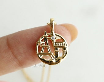Paris Nights Cutout Coin Necklace 18K Gold Dipped Eiffel Tower & Arc de Triomphe Pendant, Minimalist Jewelry, Bridesmaid Travel Gift