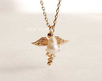 Medical Caduceus Necklace with Dangling Pearl Charm, Nurse Healthcare, First Responder, Gold Silver, Minimalist Jewelry, bridesmaid Gift Her