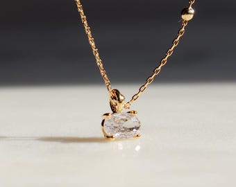 Clear Crystal Bezel Oval Pendant Necklace, Gold Silver, Dainty Satellite Chain, Simple Jewelry, bridesmaid, Wedding, Daughter Her Gift