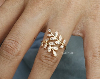 CZ Paved Olive Leaf Vine Wrap Ring, Gold Plated Branch Brilliantly Shiny, Stackable, Detailed, Adjustable, Statement, Minimalist Gift