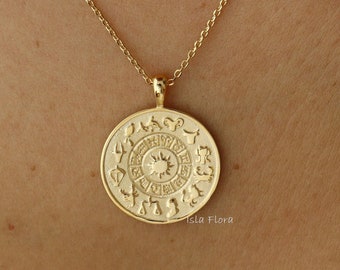 Celestial Zodiac Symbols Necklace, 18K Gold Dipped Celestial Signs Coin Pendant, Astrology, Delicate, Minimalist Jewelry, Best Friend Gift